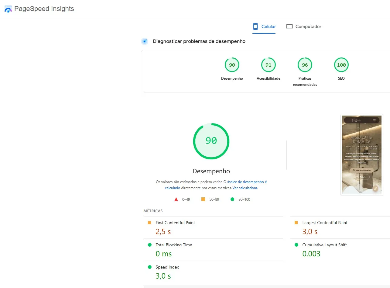 PageSpeed Insights — Vidraçaria Dinâmica — Nota 90